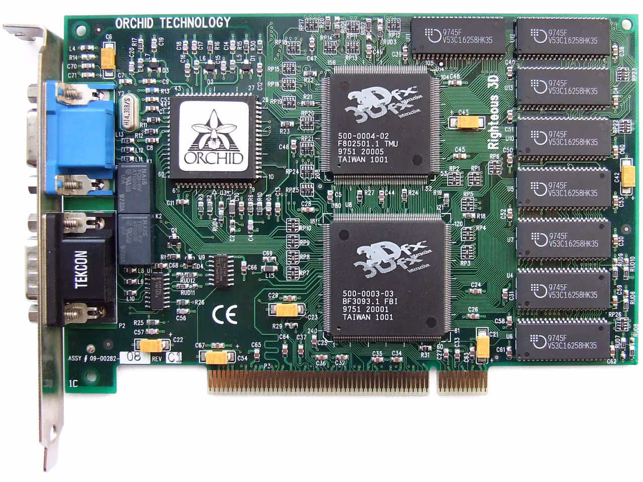 An Orchid Righteous 3D card photographed flat against white: a green board with two 3dfx chips in the middle, memory chips in two columns down the right edge, VGA sockets and a pass-through connector on the bracket, and the PCI edge connector along the bottom.