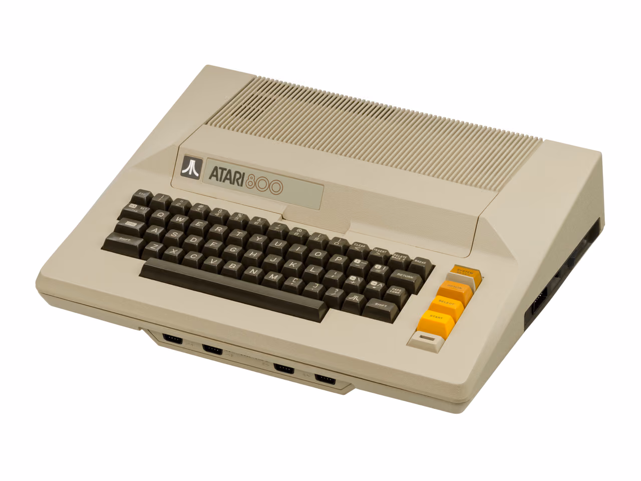 A beige Atari 800 photographed against white at an angle, a ridged cartridge lid along the top of the case and a column of four function keys, three of them yellow, to the right of the keyboard.