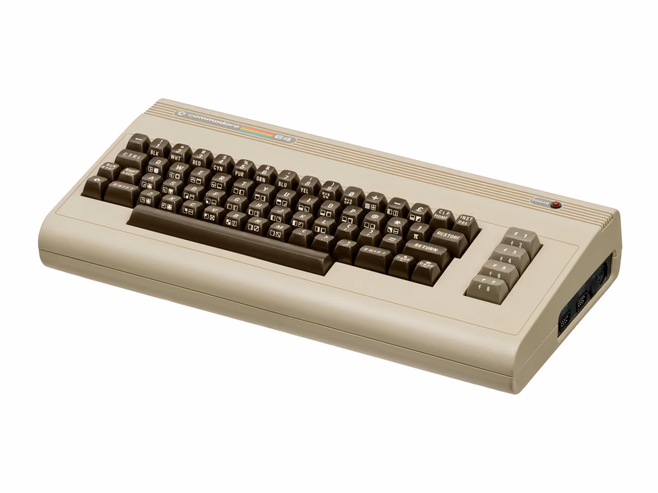 A beige Commodore 64 photographed against white from the front left, its brown keyboard carrying the graphic characters on the key fronts, the rainbow Commodore badge above the top row and four brown function keys at the right end.