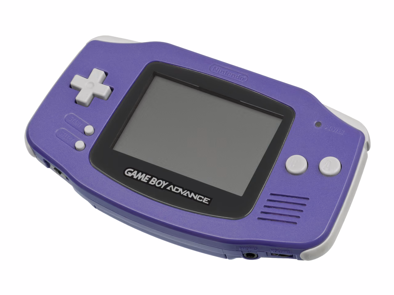 An indigo Game Boy Advance against white, held at an angle: a wide handheld with the screen in the middle, a gray cross-shaped pad at the left, A and B buttons at the right, and shoulder buttons along the top edge. The screen is off.