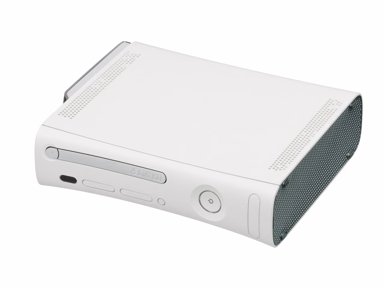 A white Xbox 360 lying flat and photographed against white, a silver disc-tray bezel and a circular power button on the front face and a dark mesh vent across the near end.