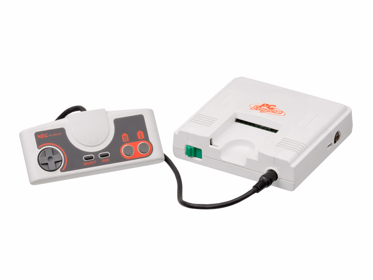 A small white NEC PC Engine photographed against white, barely larger than the gray controller plugged into it, with a red PC Engine logo on the lid and a card slot across the top edge.