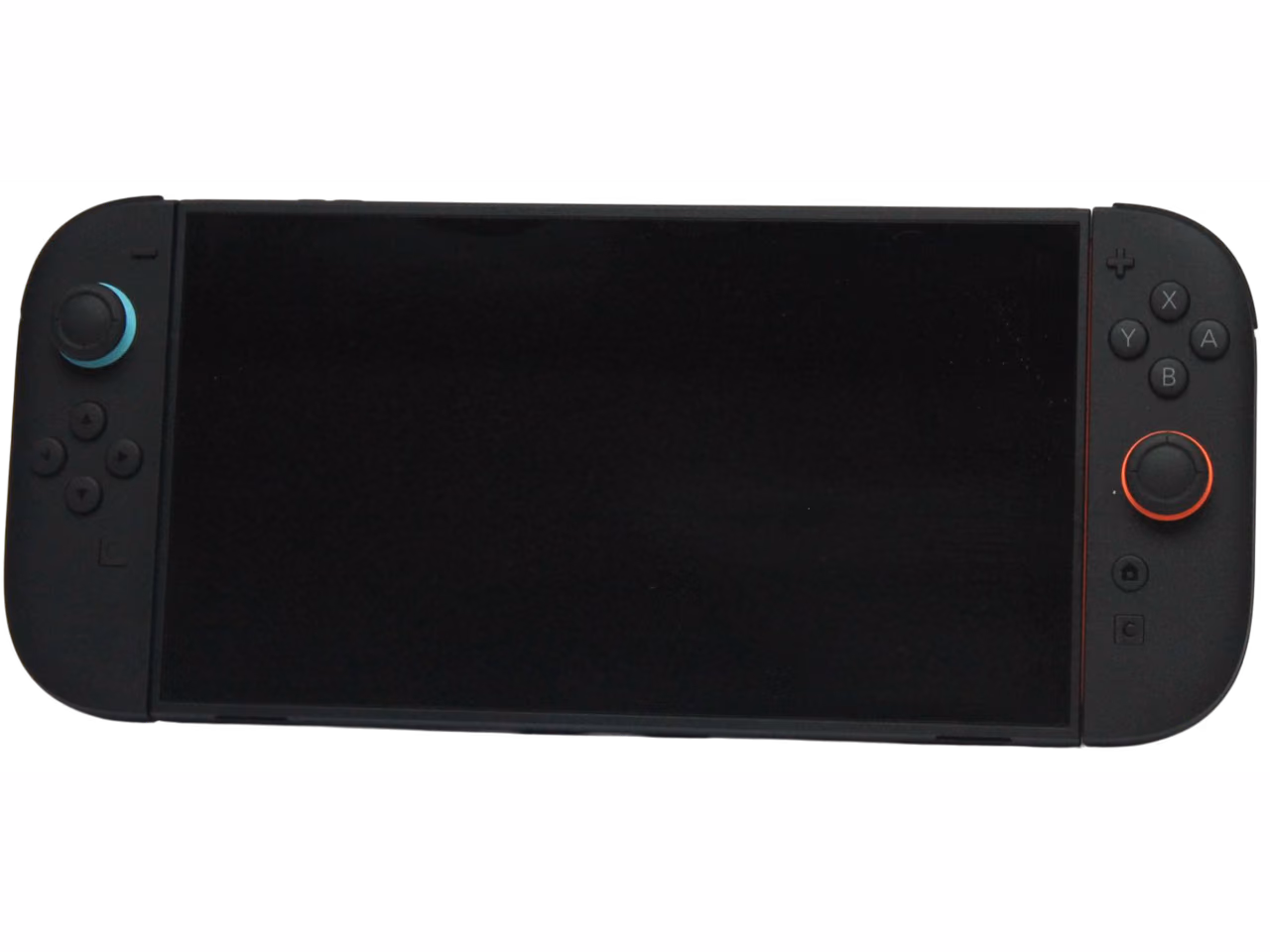 A Nintendo Switch 2 in handheld mode, its black screen between attached dark Joy-Con 2 controllers.