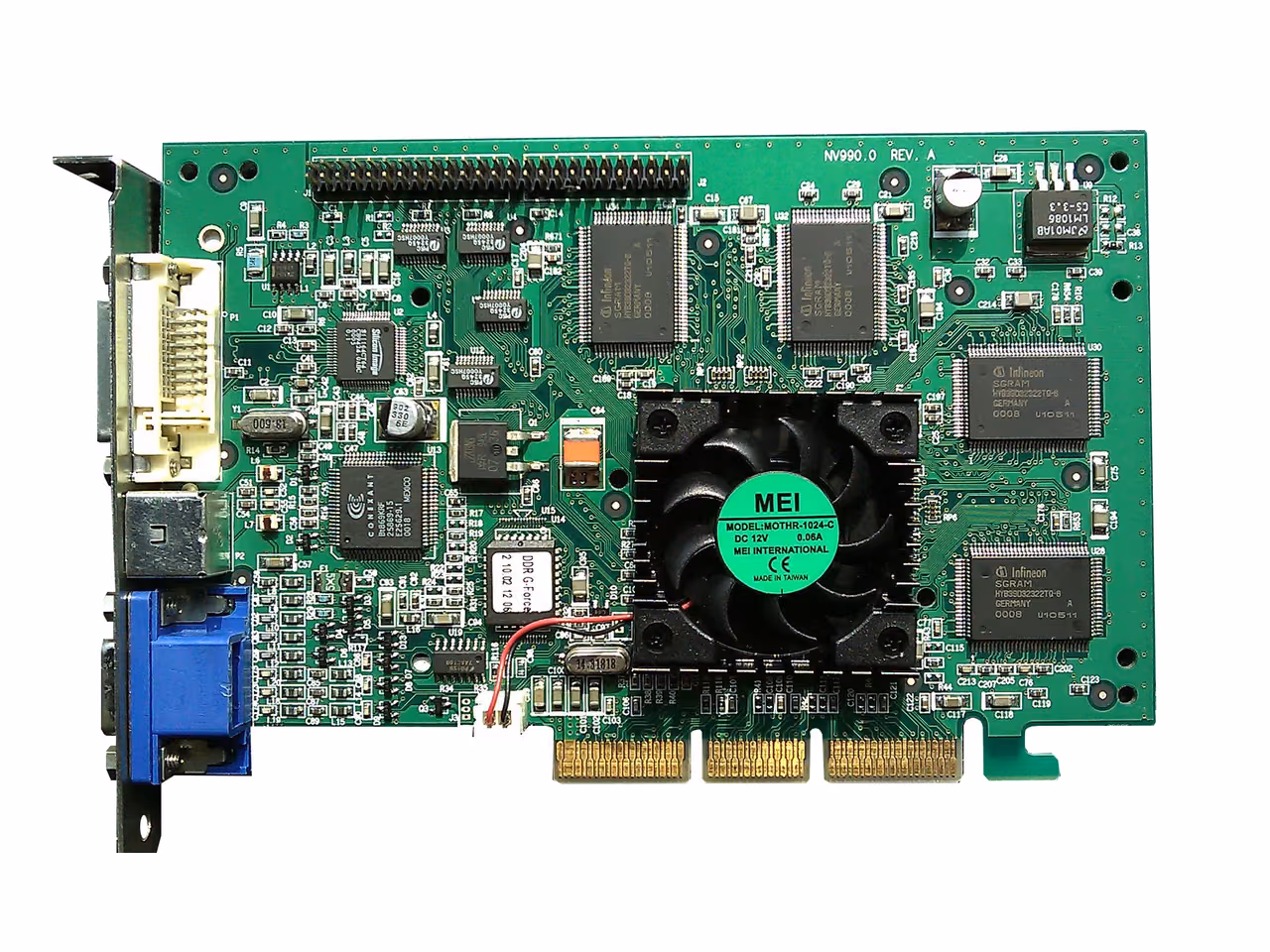 A VisionTek GeForce 256 DDR card photographed against white: a green AGP board with a black fan over the graphics processor, memory chips grouped around it, and DVI, video and VGA sockets on the bracket.