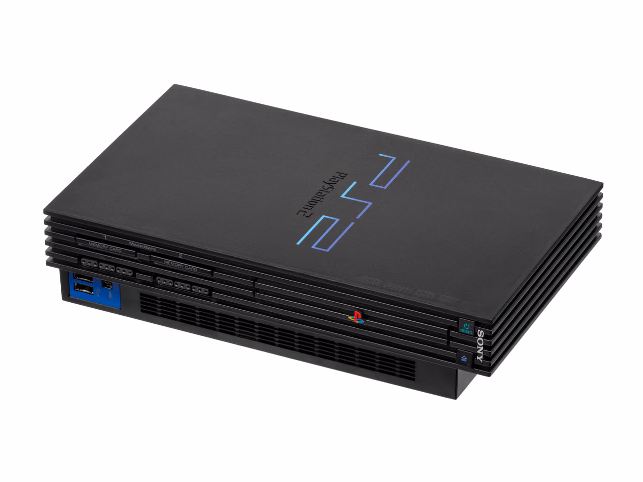 A black Sony PlayStation 2 lying flat and photographed against white from above and to the side, the PlayStation 2 logo on its lid, two memory card slots and two controller ports on the front face.