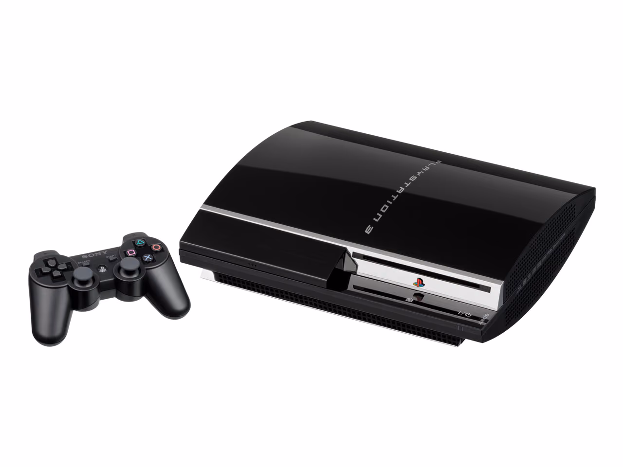 A black Sony PlayStation 3 with a curved gloss top photographed against white, a disc slot along the front edge, with a wireless controller lying to its left.