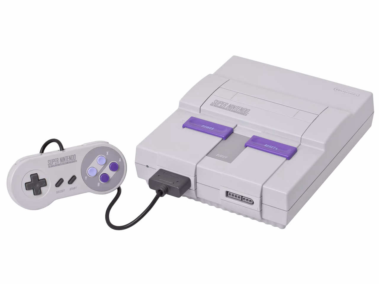A gray Super Nintendo Entertainment System photographed against white, purple power and reset switches on its sloping front, with the North American control pad and its lavender and purple buttons to the left.